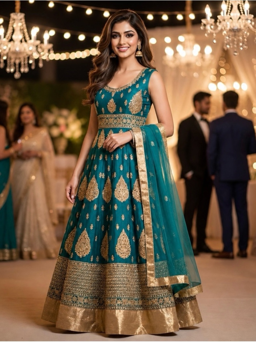 ✨ Elegant Teal Sleeveless Anarkali Gown with Gold Zardozi Embroidery ✨Xl